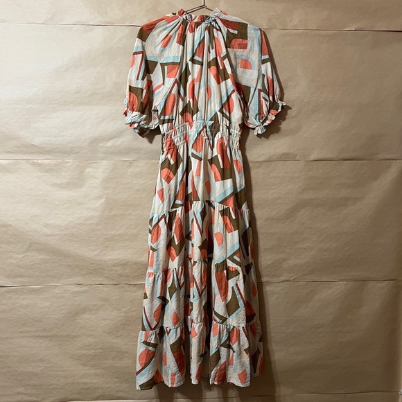 THML | NWT Mia Midi Dress Tie Neck Smocked Tiered Popover Geometric Print Size S - Picture 12 of 14